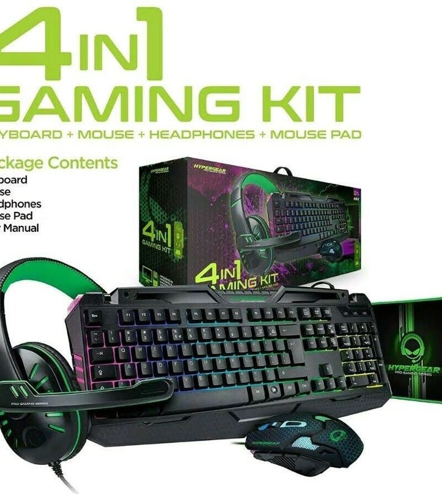 HyperGear Gaming Series 4-in-1 Gaming Kit Keyboard Mouse Headphones Mouse Pad