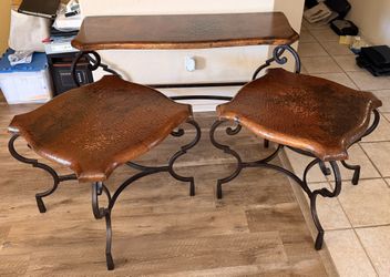 Handmade Mexican Hammered Metal Top Console and 2 End Tables, Forged Iron Bases