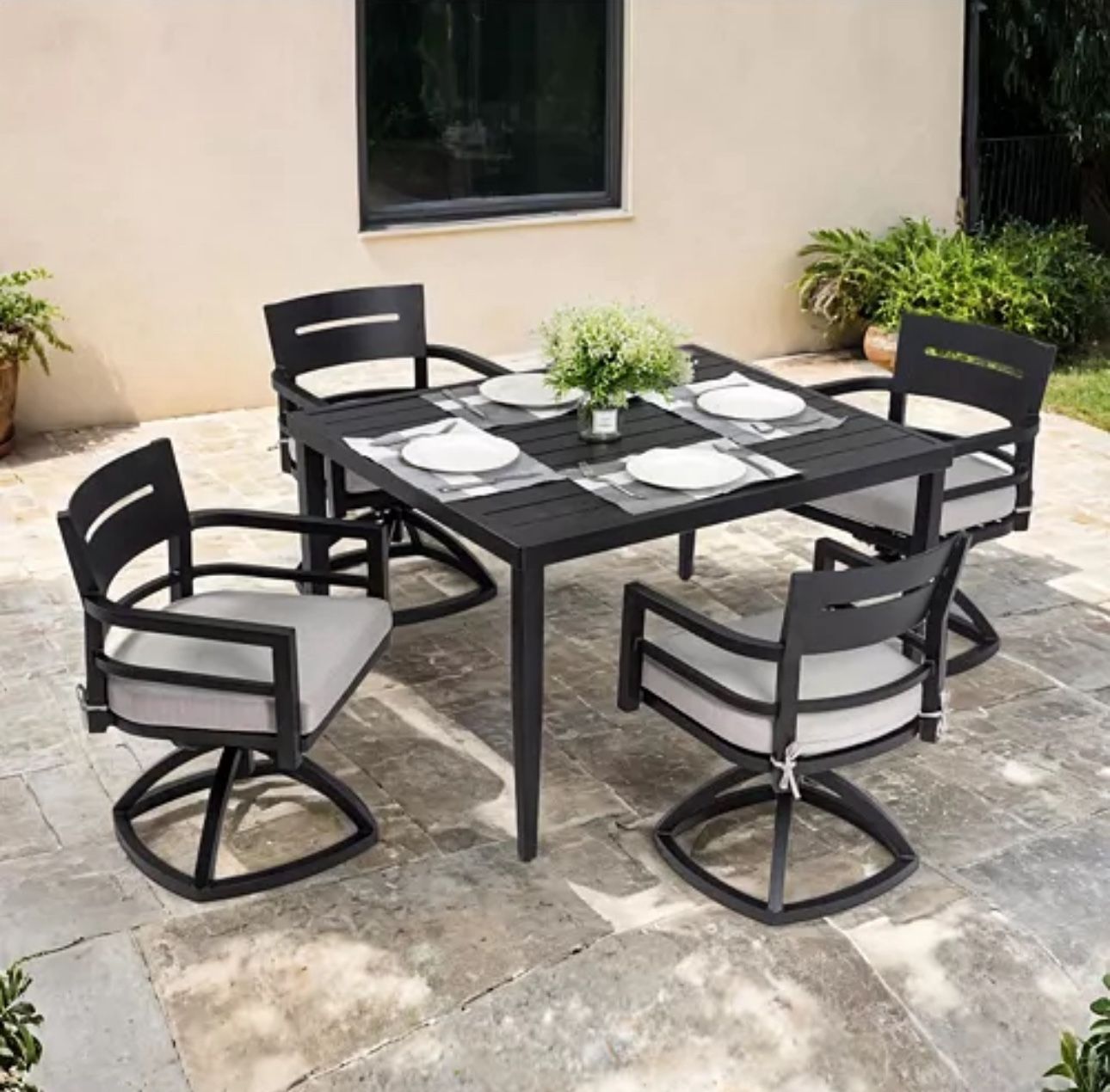 Streamdale Furniture 5-Piece Patio Dining Set with Swivel Rockers, Cushions, and Dining Table