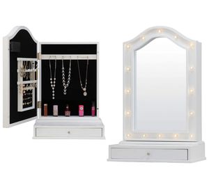 NEW! Wall Hanging Jewelry Organizer with Mirror and LED Lights with Drawer, White W9.3" x L15.7" x H24.6" Product weight: 14.1lb