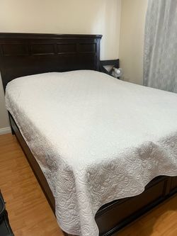 Queen Wood Bed Frame with Headboard – Dark Brown