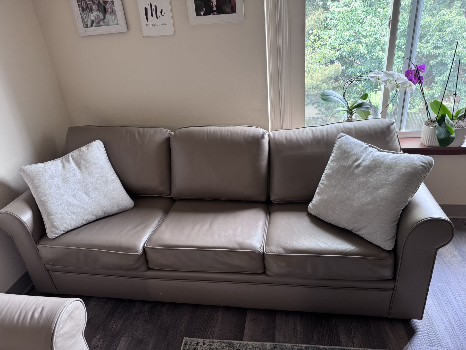 Set Of The Beige Leather Sleeping Sofa With Chair