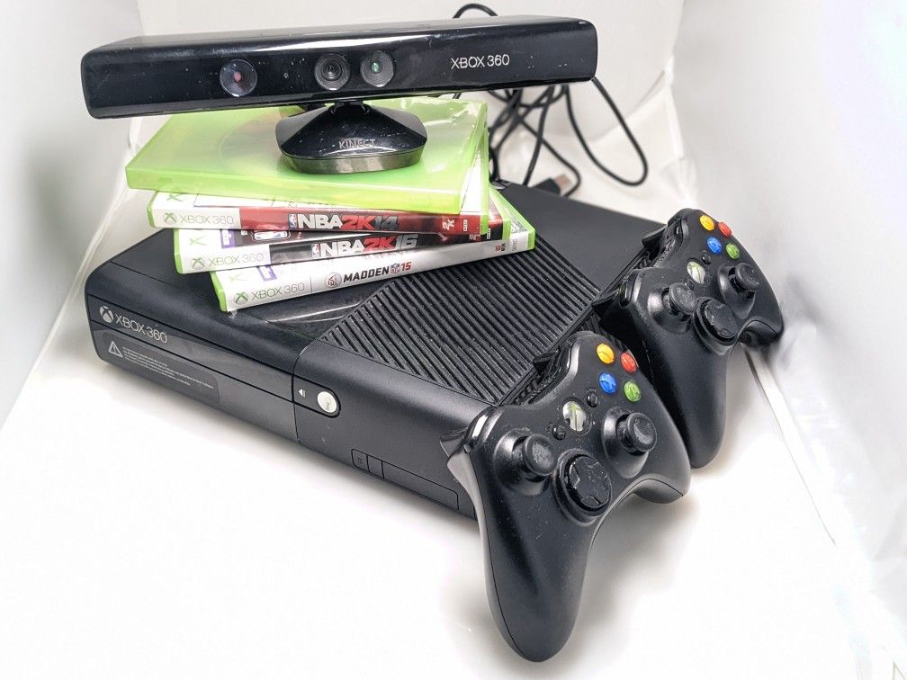 Xbox 360 E W/ 2 Controllers, Games, Kinect