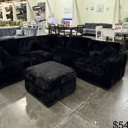 Black Corduroy Sectional Sofa With Ottoman 