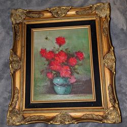 Vintage Robert Cox Wood Framed Still Life Of Red Flowers Oil Painting - 