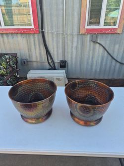 Hammered Copper Finish Metal Planters $8 dollars each or the SET of 2 for $14. dollars 13 inches tall & 13 inches wade