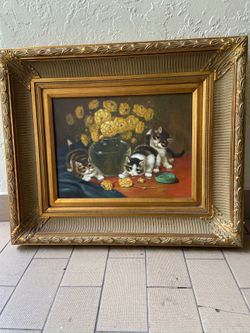 Cat oil painting with gold frame