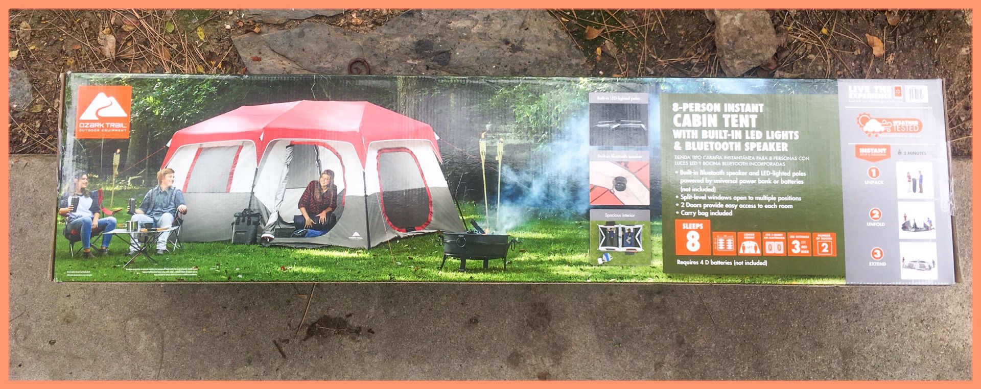 Ozark Trail 8 Person Instant Cabin Tent with LED Lighted Poles and Bluetooth Speaker. Brand New in Box!