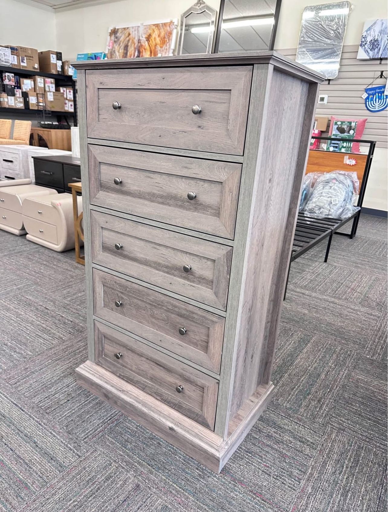 5 Drawer Bedroom Dresser, Tall Wood Nightstand Storage Cabinet, Gray, New