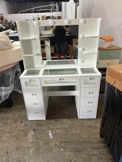 White Vanity with Lighted 23.5” Mirror, Glass Top Vanity Desk with 9 Drawers & 3 Color Hollywood Bulbs & 4 Shelves & Acrylic & Power