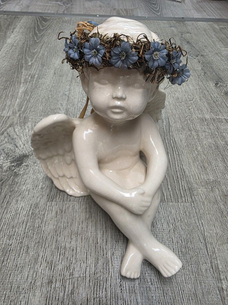 Vintage Ceramic Sitting Angel Cherub Figurine