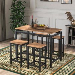 Brown 5-Piece Kitchen Counter Height Table Set, Industrial Dining Table with 4 Armless Chairs