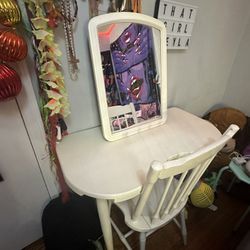 White Vanity/ Desk With Mirror And Chair