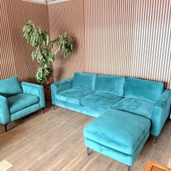 Velvet teal sofa, ottoman, and armchair DELIVERY AVAILABLE