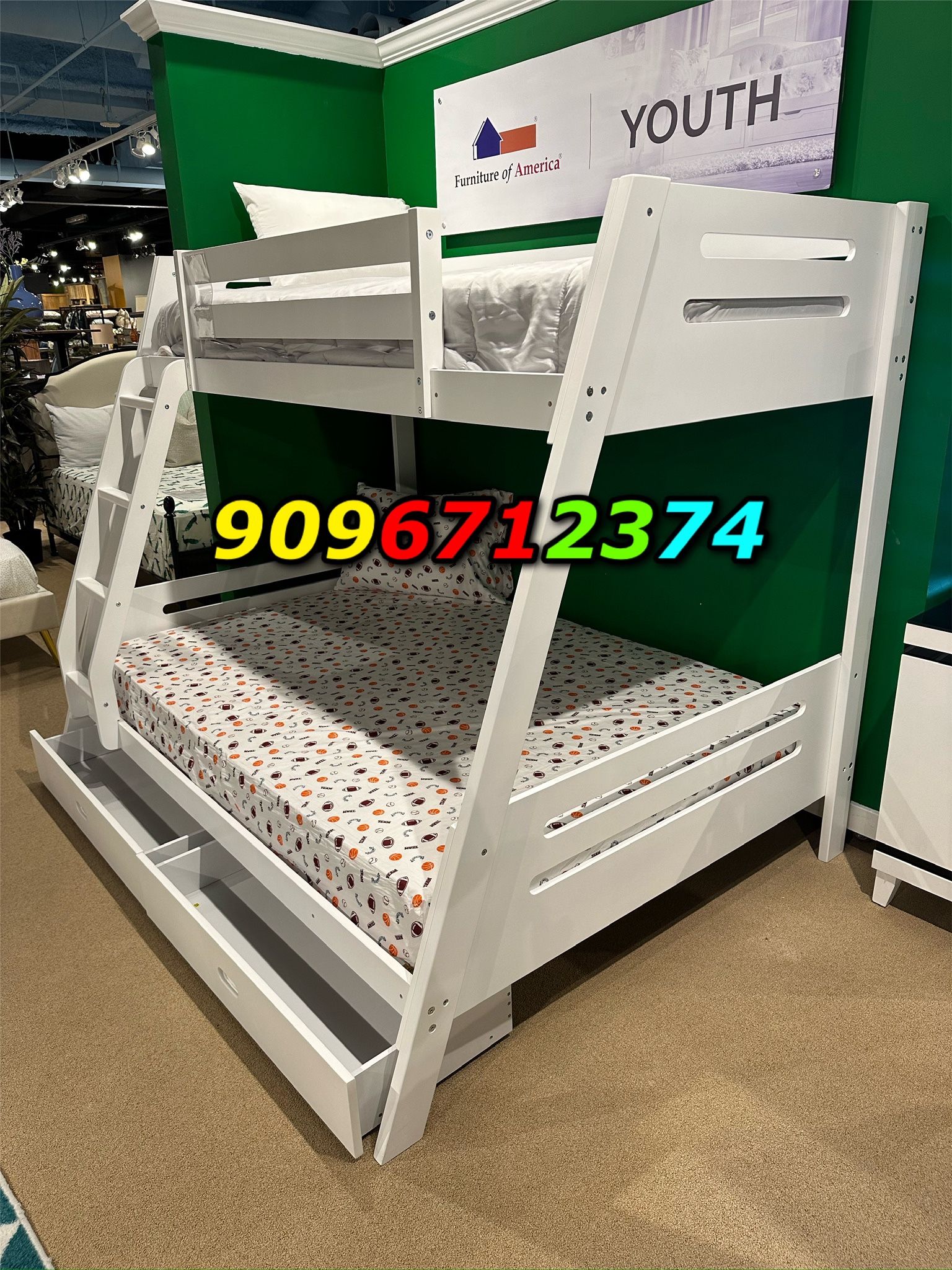 Twin/Full White Bunk bed w. Drawers & Ortho Mattresses Included 