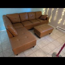 Tan L Shape Couch with Ottoman 