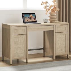52" Home Office Desk with Storage - Rattan Executive Desk with 3 Drawers and 2 Cabinets, Farmhouse Boho Larger Computer Writing Table for Study, Offic