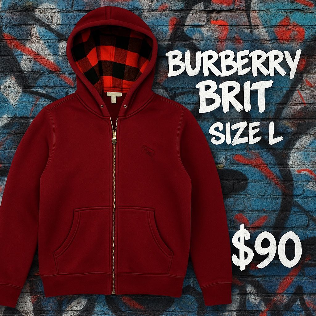 🔥 Burberry Brit Zip-Up Hoodie – Size L – Burgundy Plaid Hood 🔥