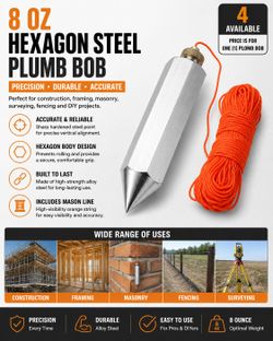 8 oz Hexagon Steel Plumb Bob with 26 ft Orange Mason Line – Precision Leveling Tool (4 Available)