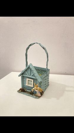 Easter Basket Decor Item w/ Resin Bunnies & Wood House Front 5” x 6” x 10”H