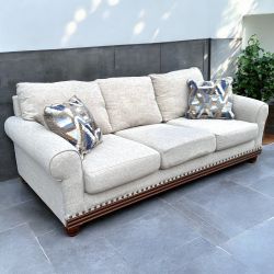 White Geneva 90” Classic Sofa with Decorative Studded Wood Trim