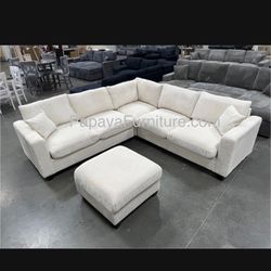 New Ivory White Beige Sectional Sofa And Ottoman Set Ashley Style Designer Couch Furniture Warehouse Discount Sale Soft Plush Fabric Modern Furniture 