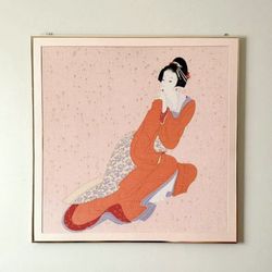 Vintage Japanese Asian Geisha On Silk Embroidered Crepe Tango Chirimen Fabric Wall Art Decor