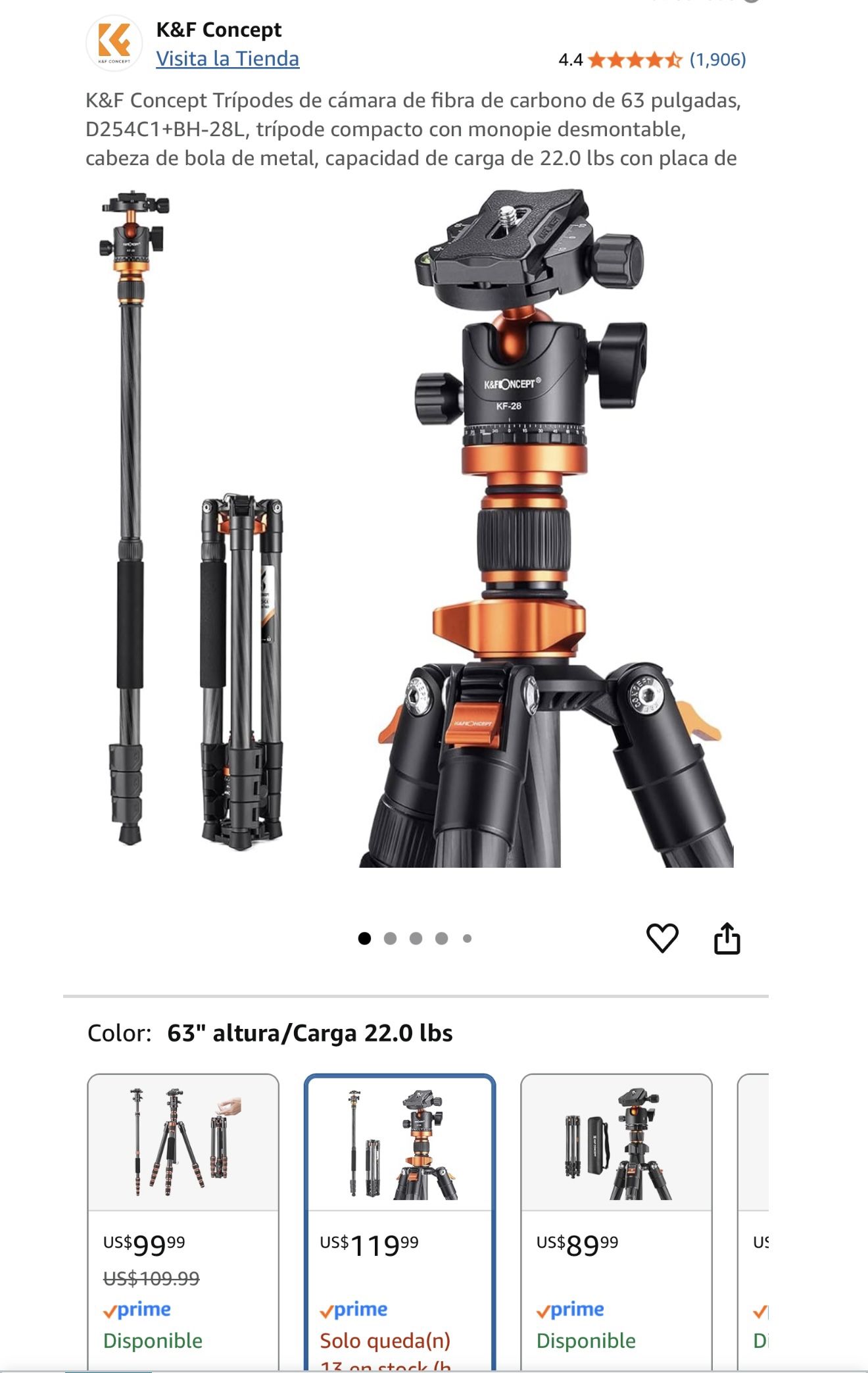 K&F Concept 63-inch Carbon Fiber Camera Tripod, D254C1+BH-28L, Compact Tripod with Detachable Monopod, Metal Ball Head, 22.0 lb Load Capacity with Pla