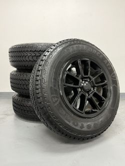 Set a four Black, Jeep Wrangler, Rubicon, Gladiator Wheels On 245/75R 17 Fire Stone, Transforce Tires