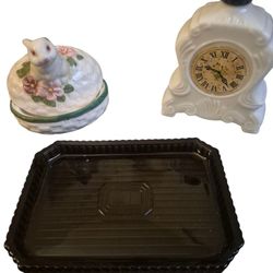 3 Vintage Avon Collectibles Glass Caddy Mantle Clock Trinket Box
