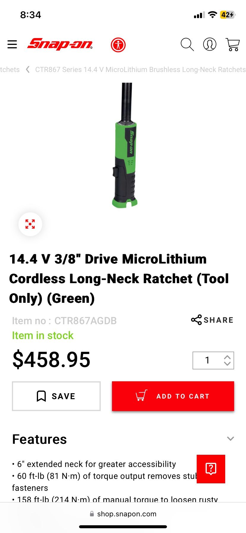 14.4 V 3/8" Drive MicroLithium Cordless Long-Neck Ratchet