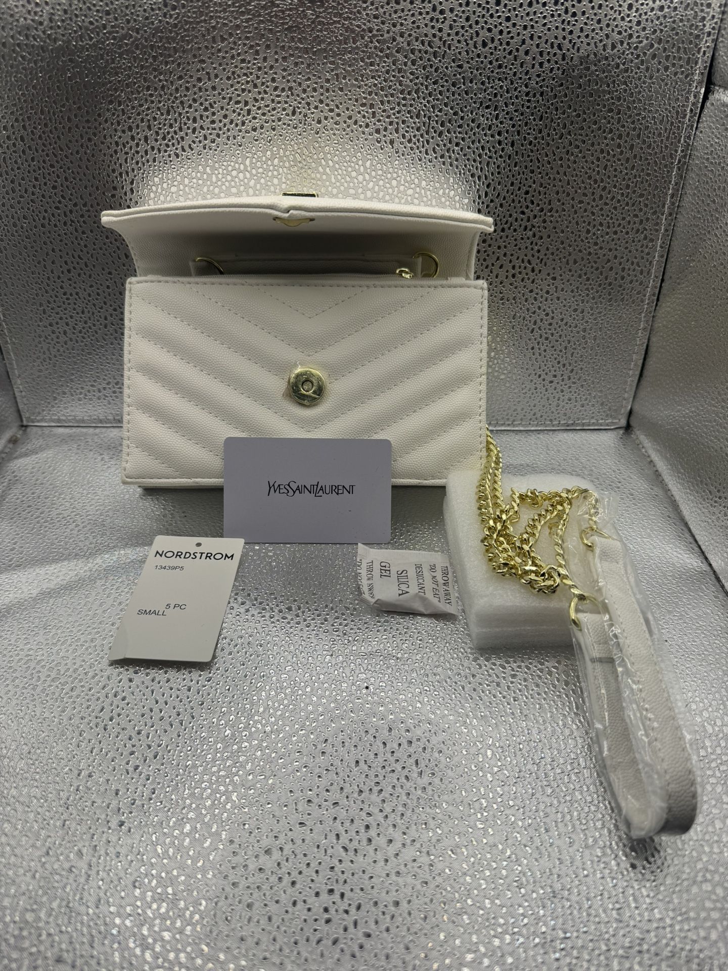 Saint Laurent Monogram Quilted Leather Chain Wallet White/Gold