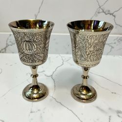 Vintage Indian Hand Engraved Goblets Set of 2 - Silver Tone & Gold Wash Cups