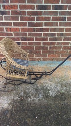 Antique baby pull along cart iron and frame wicker basket