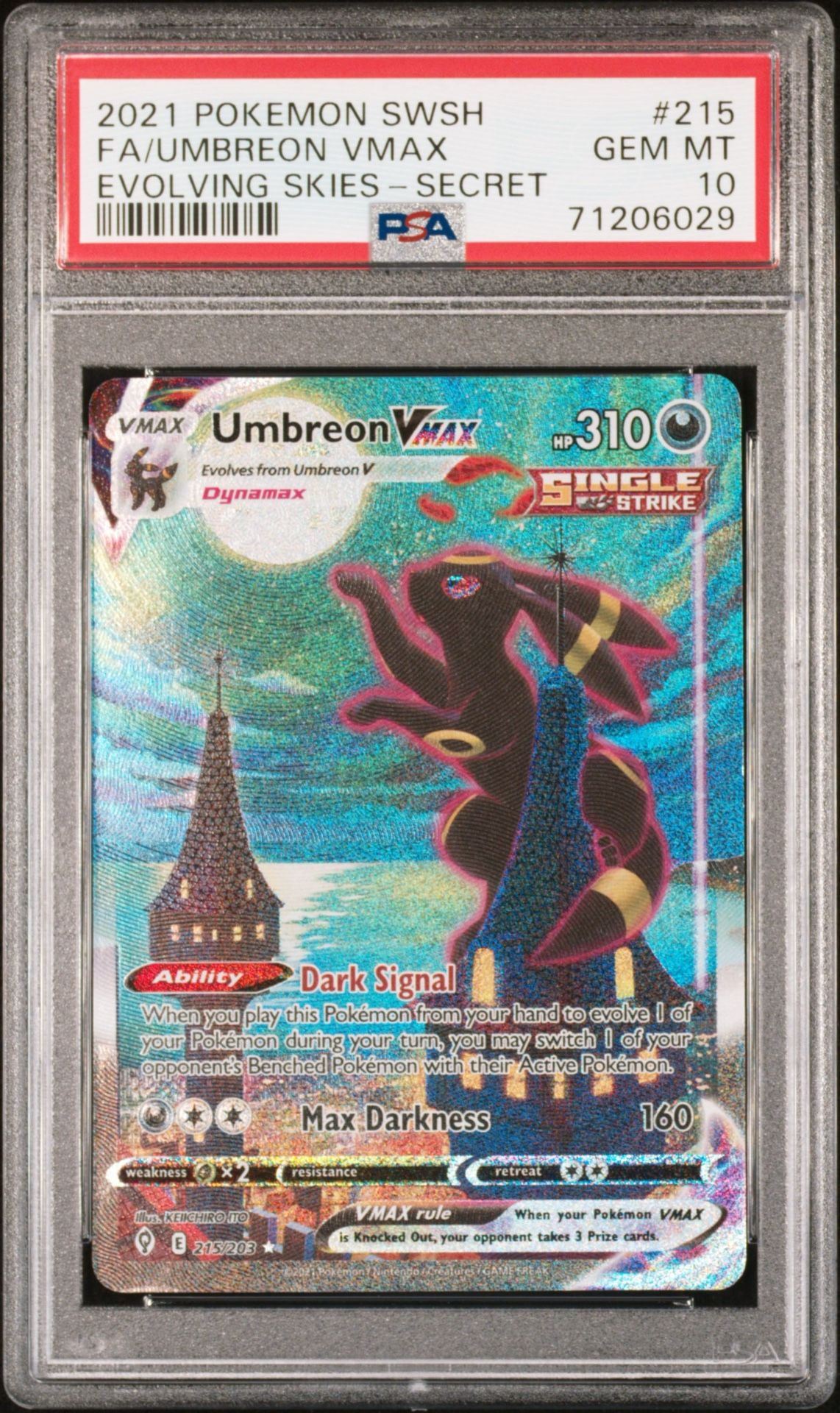 Evolving Skies UMBREON VMAX FA Secret MOONBREON #215/203 PSA 10