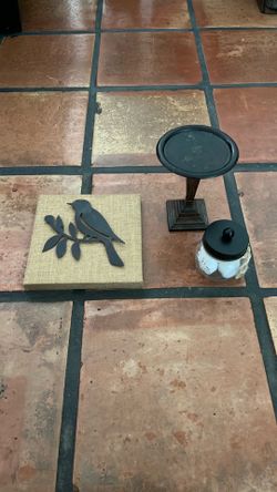 Decorative Home Decor Bundle – Bird Wall Art, Candlestick & Bathroom Jar