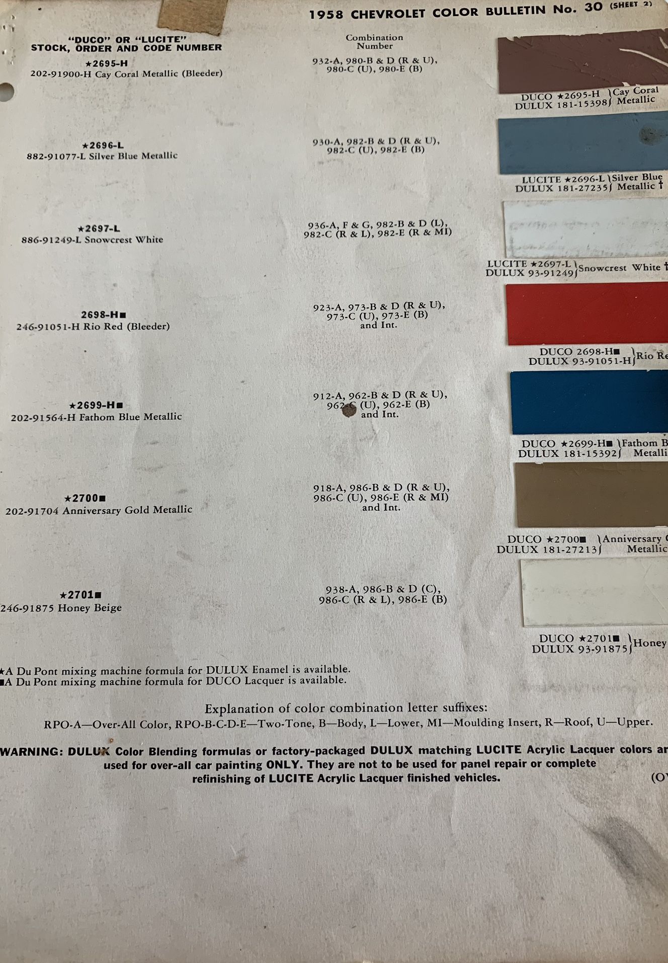 1958 Chevrolet Color Bulletin No. 30 (sheet 2) DuPont Lucite Deluxe Color Paint Chip Swatch Sheet 