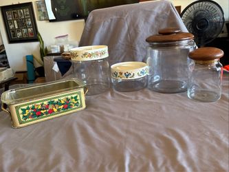 Vintage Pyrex & Teak Lidded Kitchen Canisters + Pyrex Loaf Dish Tele flora MCM