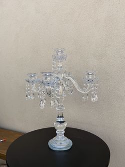 5 Arm Crystal Glass Taper Candle Holder Candelabra 32" - Stylish Table Centerpiece With Chandelier Chains