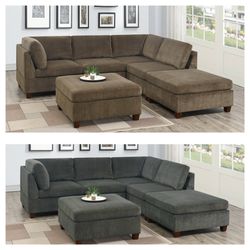 GRAY OR TAN CHENILLE FABRIC L SHAPE MODULAR SECTIONAL SOFA  CHAISE OTTOMAN COUCH - SILLON SECCIONAL