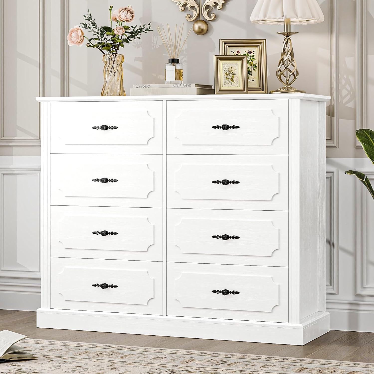 White Dresser Chest of Drawers, 47.2“ Wood Dresser 8 Drawer Dresser with Steel Handles, Modern Dresser Drawers Floor Storage Cabinet for Living Room H