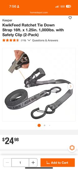 Keeper KwikFeed Ratchet Tie Down Strap 16ft. x 1.25in. 1,000lbs. with Safety Clip (2-Pack