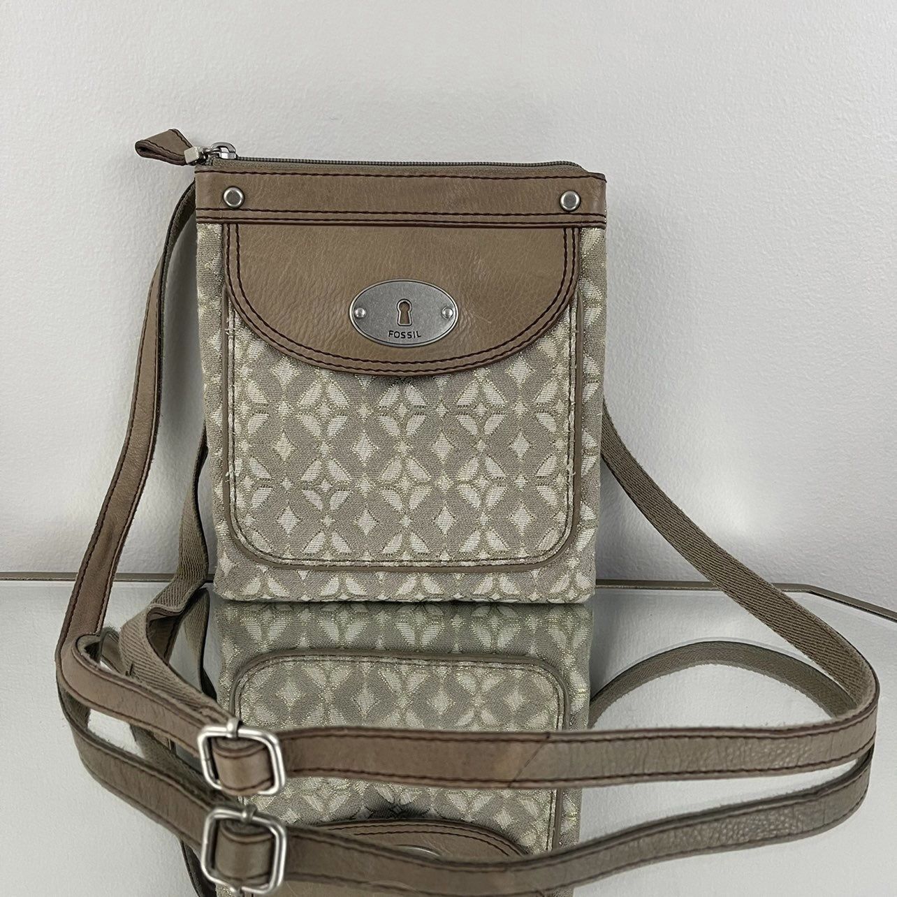 FOSSIL Beige Tan Leather Fabric Crossbody Sling Bag Purse