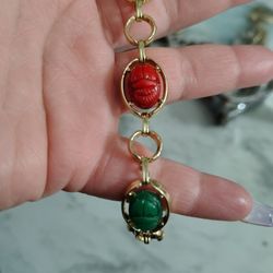 
1950s Scarab Egyptian Multicolored Link Chain Bracelet Statement Jewelry Vintage 