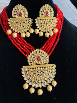Red Kundan Necklace Set With Earrings 