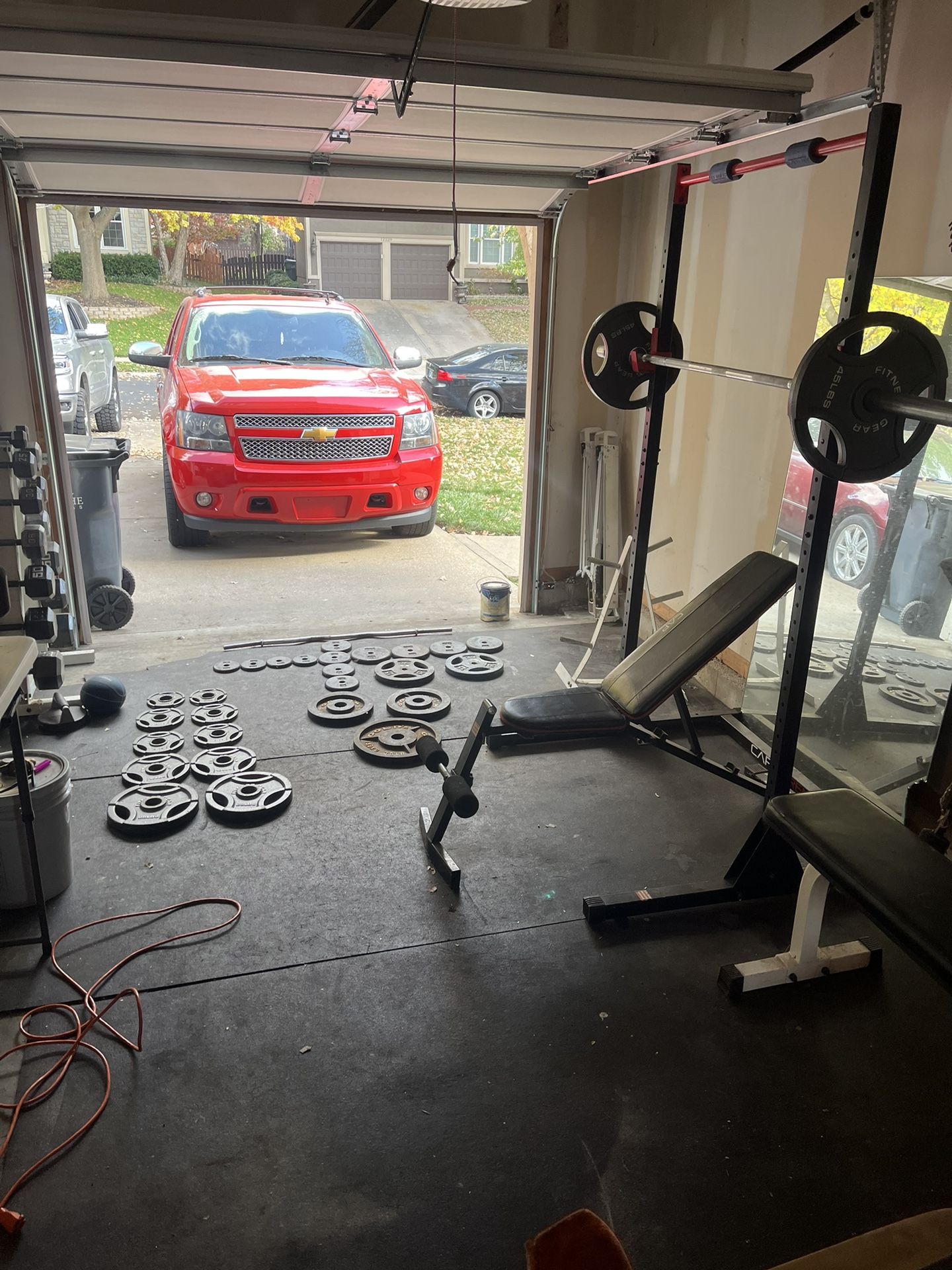 At Home Gym: Flooring, Dumbbell, Curl Bar, Bench Set, Squat Rack