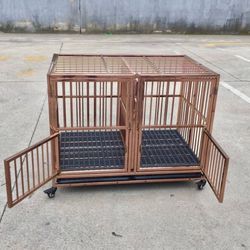 Dog Cage, 43”Rose Gold Stainless Steel Dog Crate Drop Cage,EZ Fold Dog Kennel With Divider & Mat