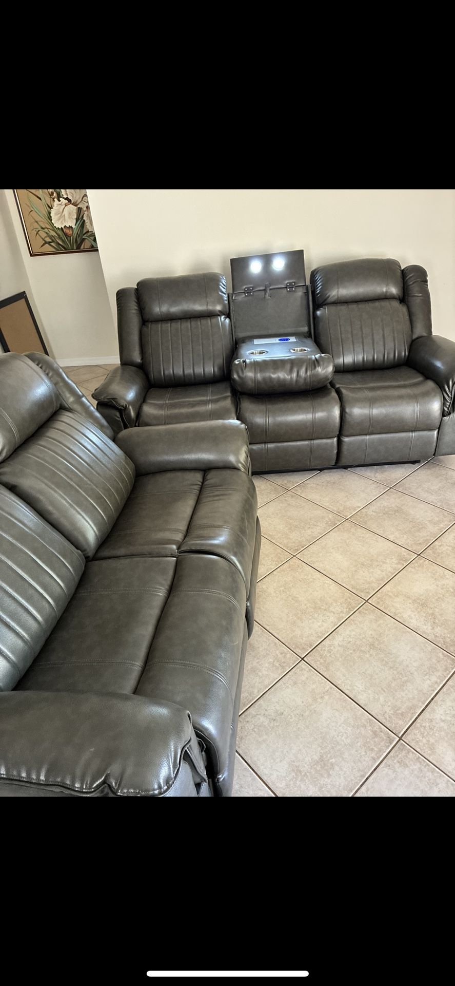 2 Piece Grey Leather Reclining Sofa