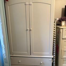 White Armoire Closet With Hanging Rod, Shelf and two drawers