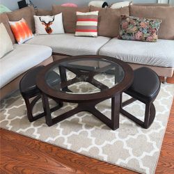 40" Solid Wood Coffee Table with Glass Insert Top and Ottoman Set for Living Room     